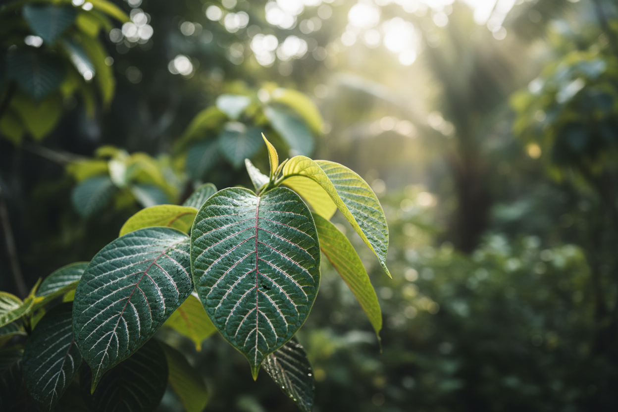 Image 1: Kratom Leaves Close-up
Subject: Fresh kratom leaves on the tree, showing the distinctive vein patterns
Style: Natural, vibrant green, slightly mystical lighting
Message: Authentic botanical source
Alt text: